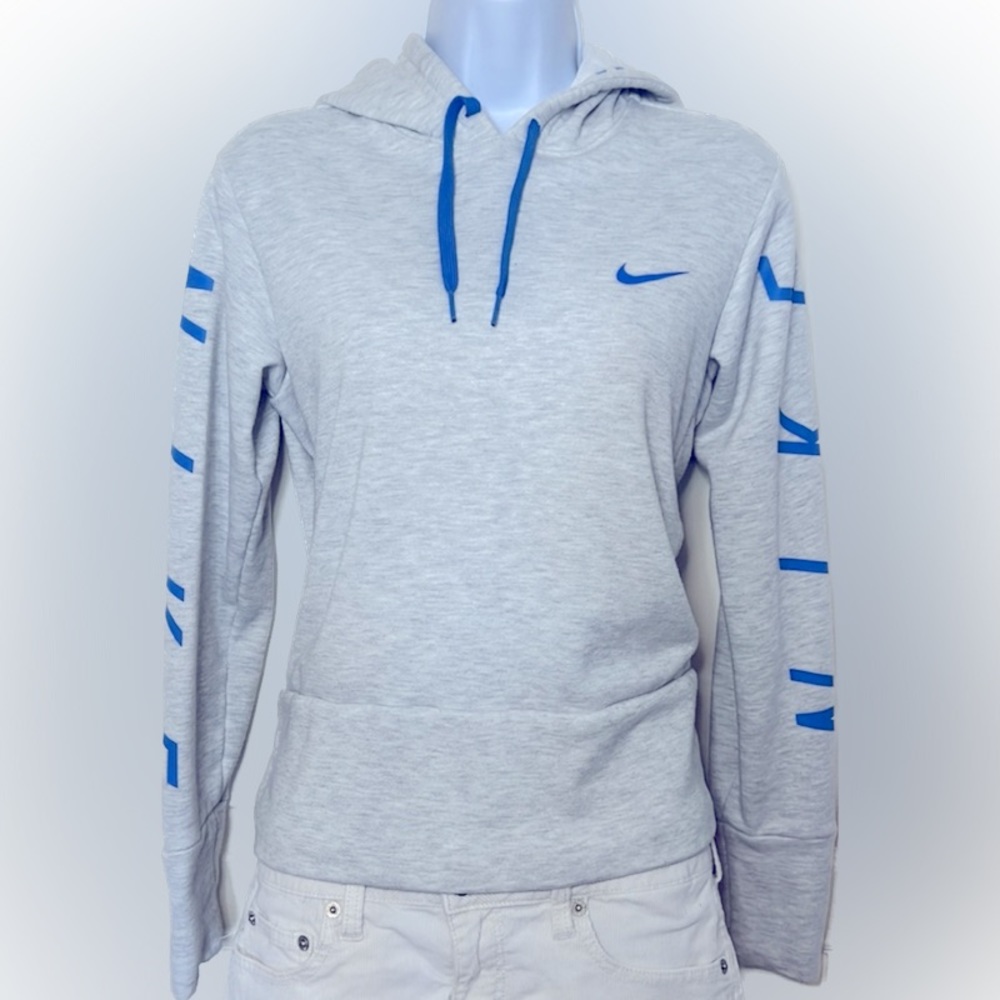 Nike grey hoodie. Crop. Bright Blue Nike print logo. Size small